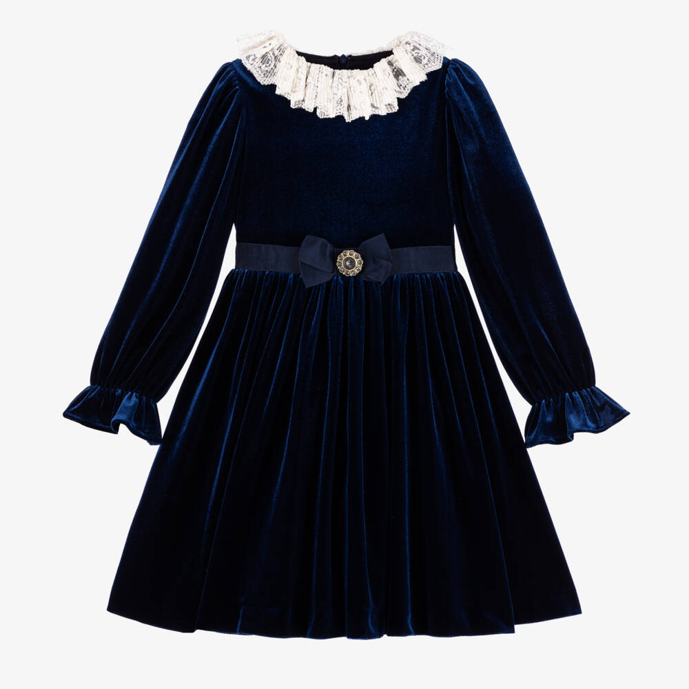Patachou-Girls Velvet Dress with Lace Collar | Childrensalon Outlet