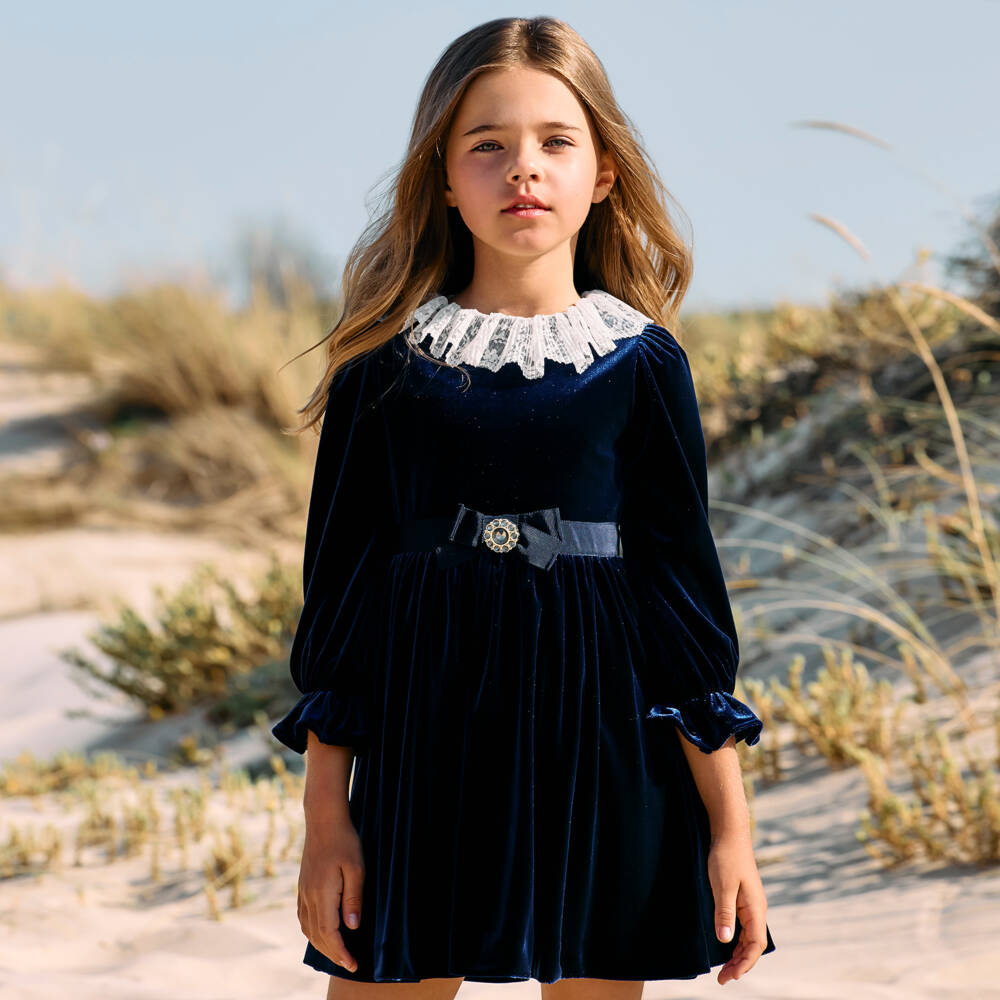 Patachou-Girls Velvet Dress with Lace Collar | Childrensalon Outlet