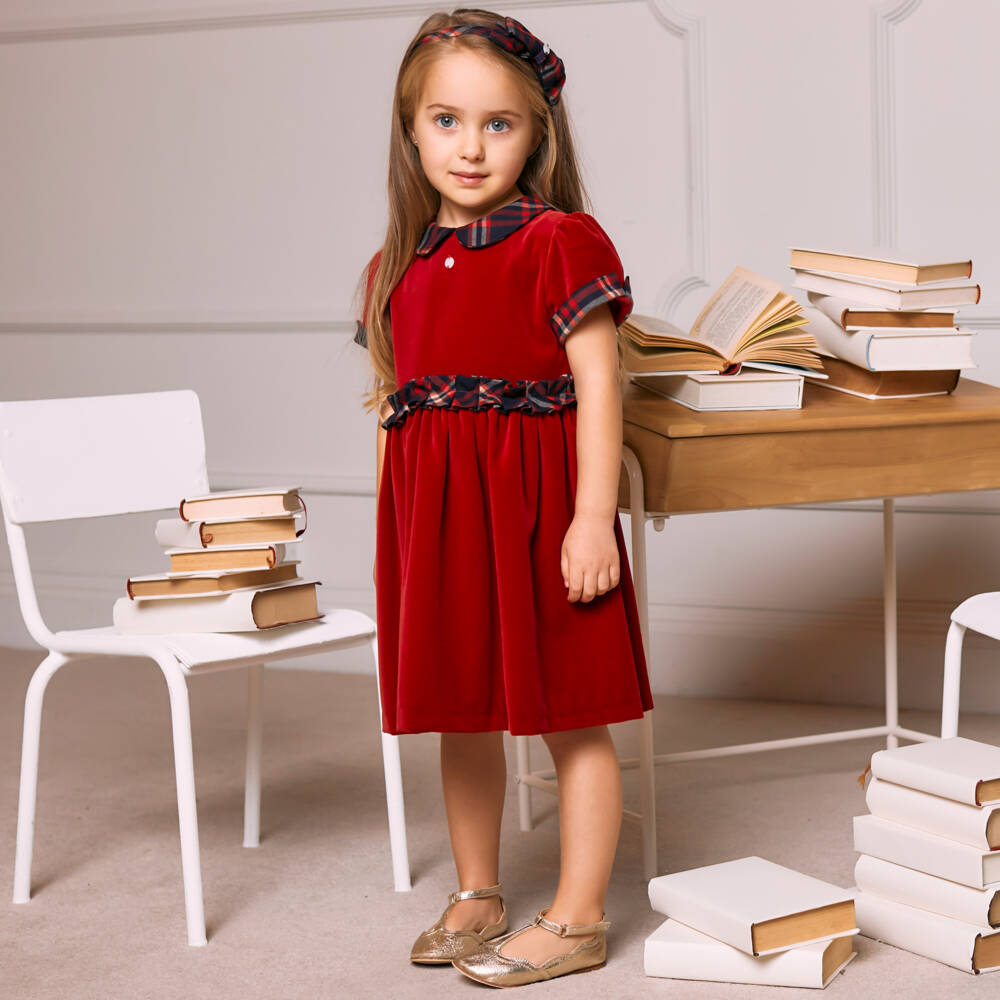 Patachou-Girls Velvet Tartan Collar Dress | Childrensalon Outlet