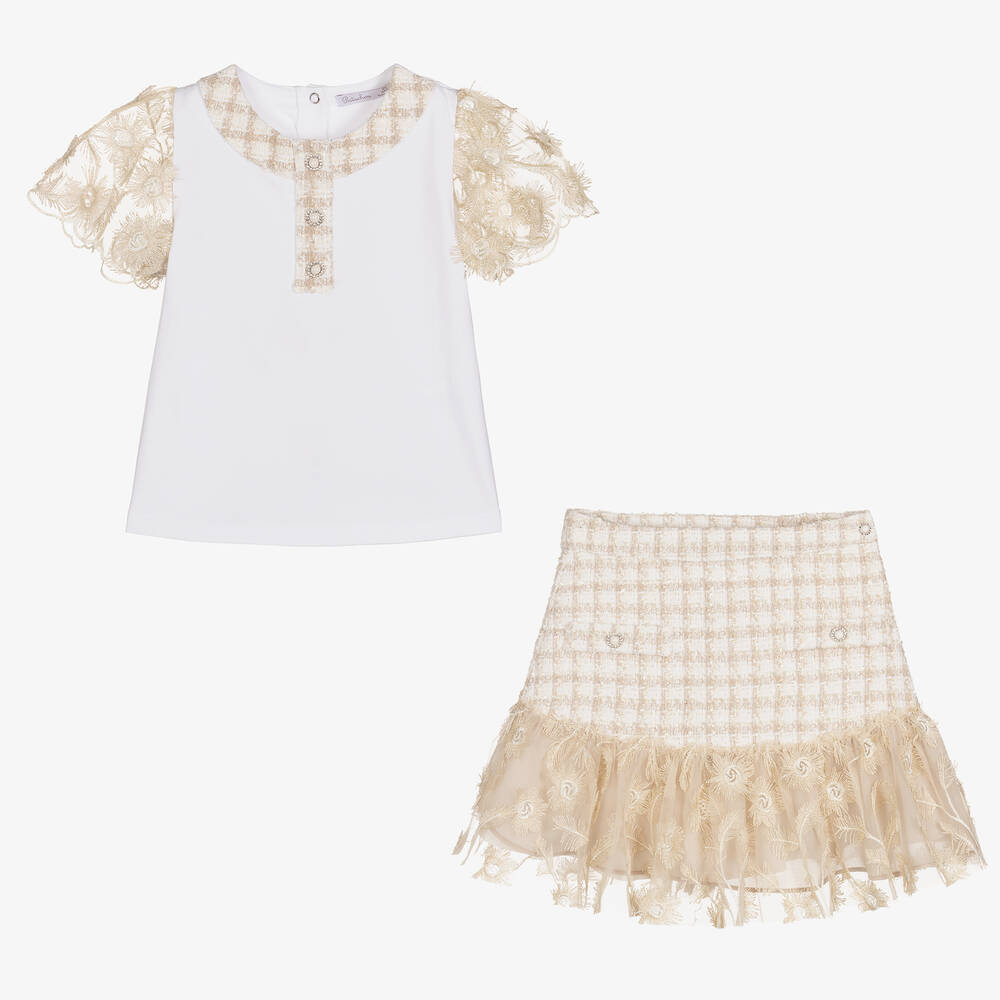 Patachou-Бело-бежевый топ и юбка из твида | Childrensalon Outlet