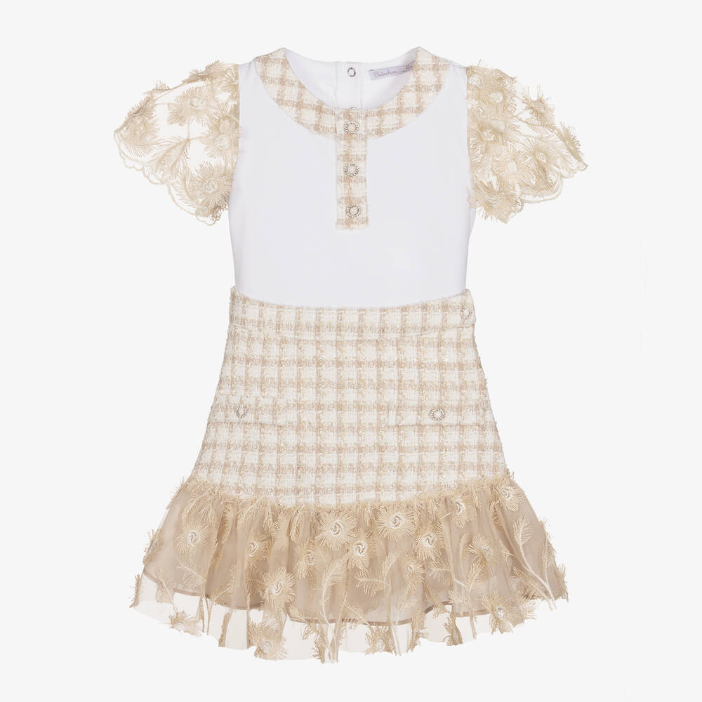Patachou - Girls White & Beige Tweed skirt Set | Childrensalon