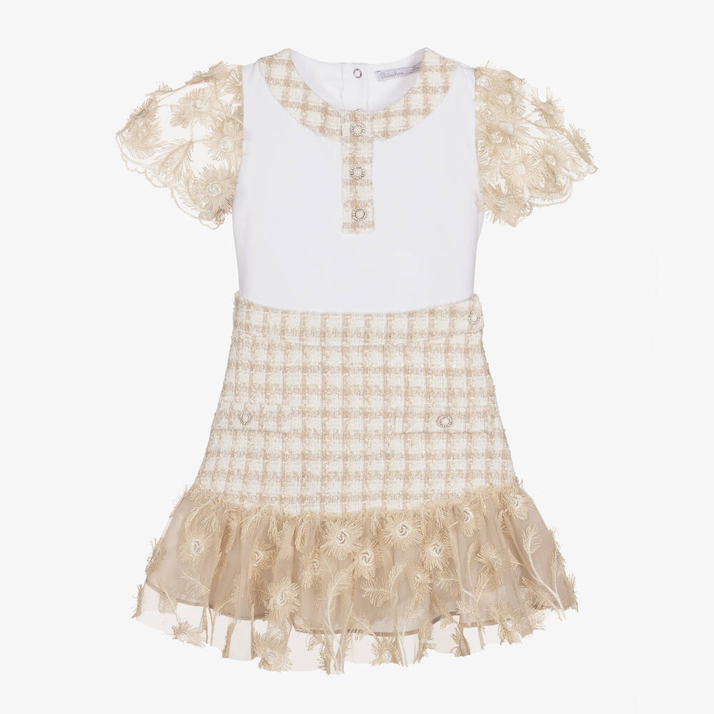 Patachou - Tweed-Top & Rock Set in Weiß/Beige | Childrensalon