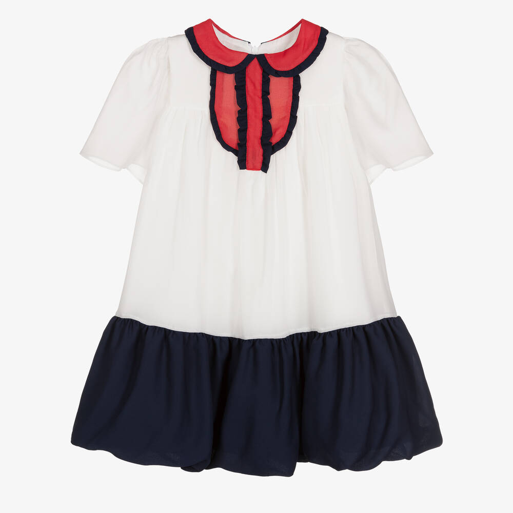 Patachou - Girls White & Blue Chiffon Dress | Childrensalon