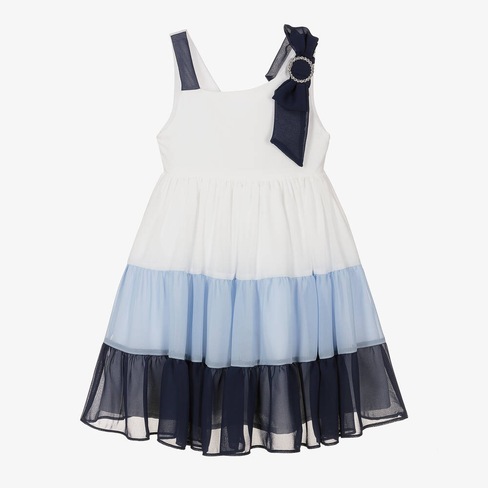 Patachou-Girls White & Blue Chiffon Dress | Childrensalon Outlet