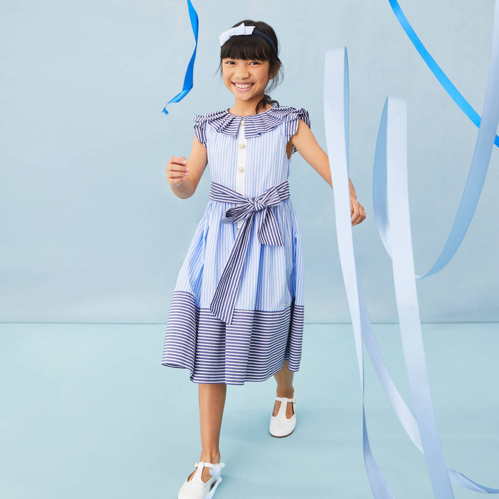 Patachou-Girls White & Blue Contrasting Stripe Cotton Dress | Childrensalon Outlet