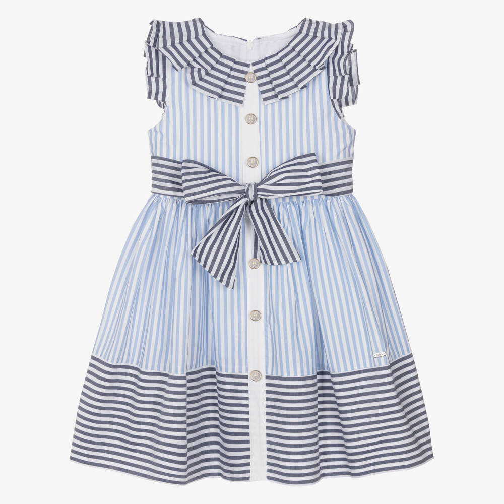 Patachou-Girls White & Blue Contrasting Stripe Cotton Dress | Childrensalon Outlet