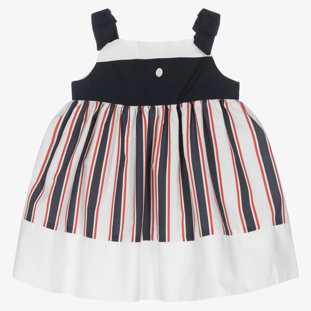 Patachou - Girls White & Blue Cotton Dress | Childrensalon