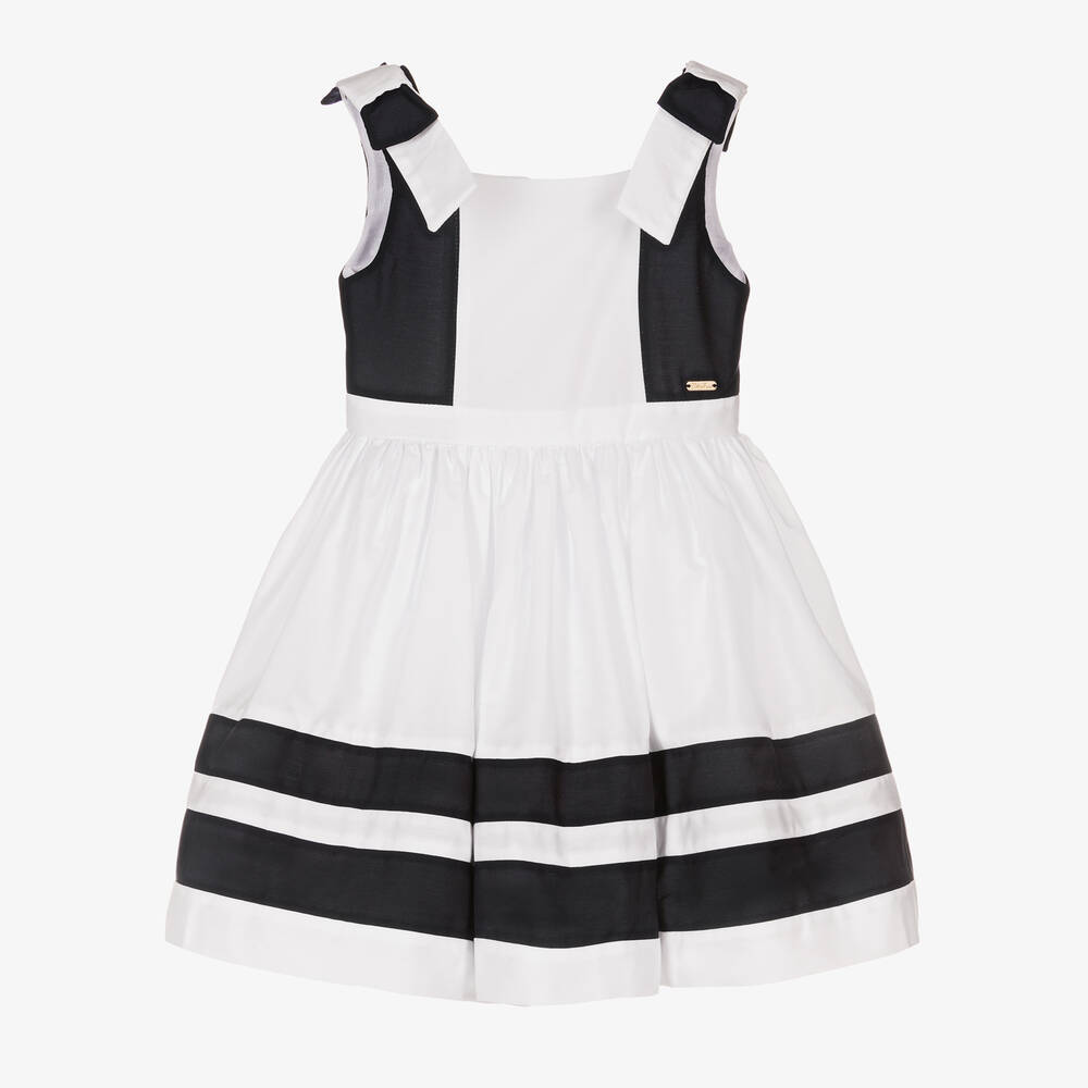 Patachou - Girls White & Blue Cotton Dress | Childrensalon