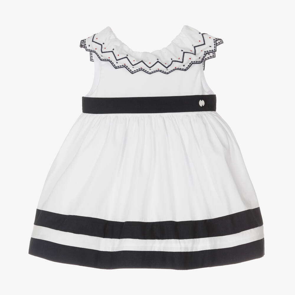 Patachou - Girls White & Blue Cotton Dress | Childrensalon