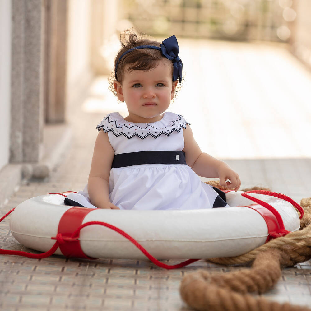 Patachou-Girls White & Blue Cotton Dress | Childrensalon Outlet