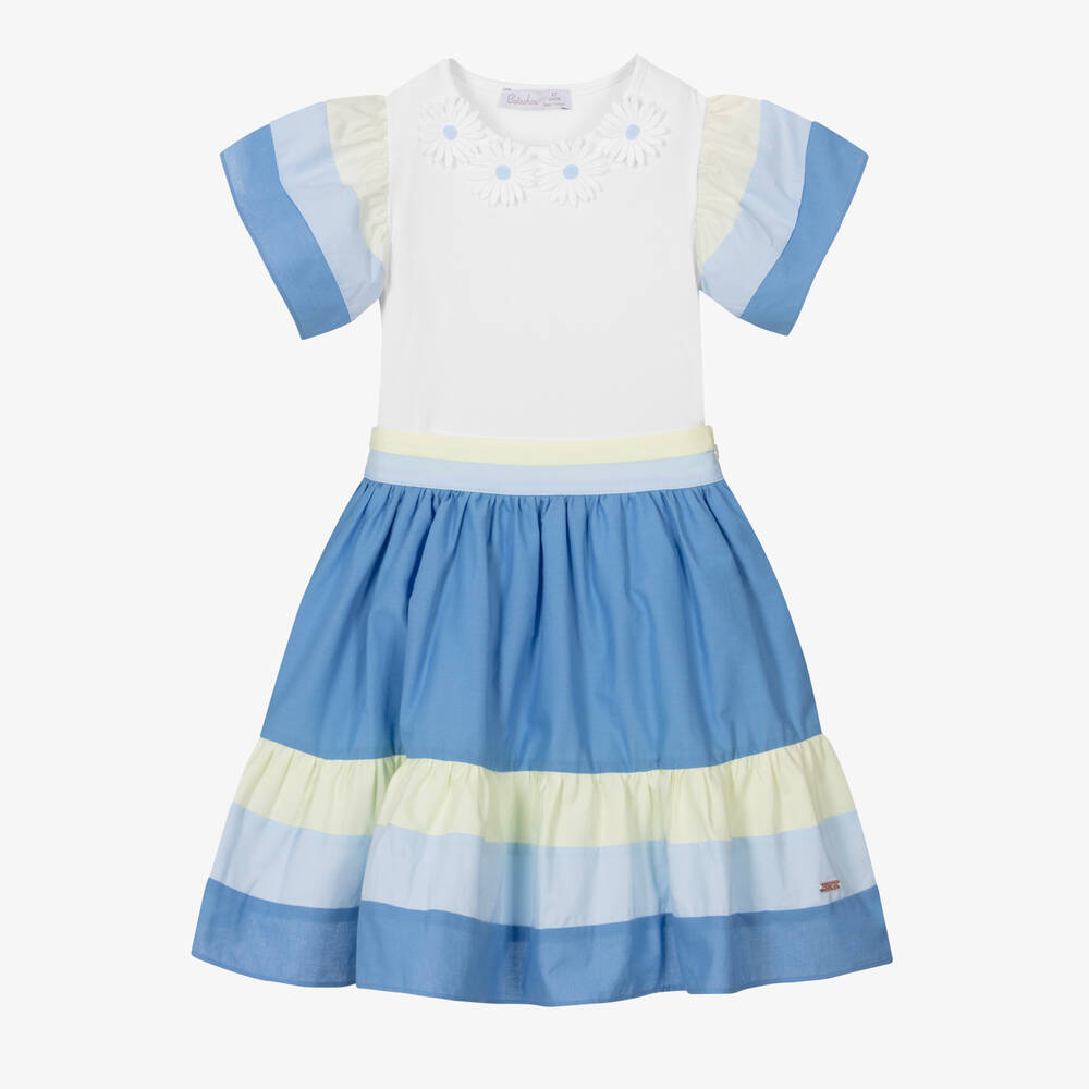 Patachou - Girls White & Blue Cotton Skirt Set | Childrensalon