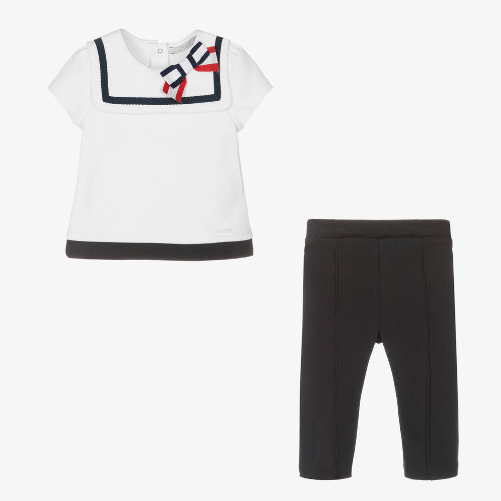 Patachou-Girls White & Blue Cotton Trouser Set | Childrensalon Outlet
