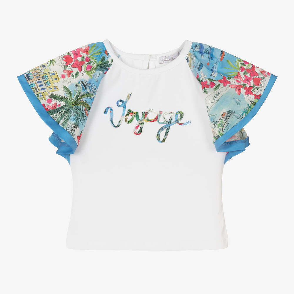 Patachou - Girls White & Blue Liberty Print T-Shirt | Childrensalon
