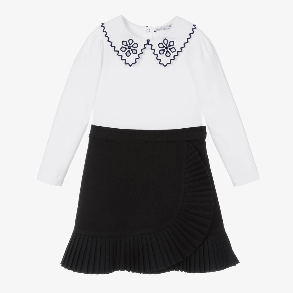 Patachou - Girls White & Blue Pleated Skirt Set | Childrensalon