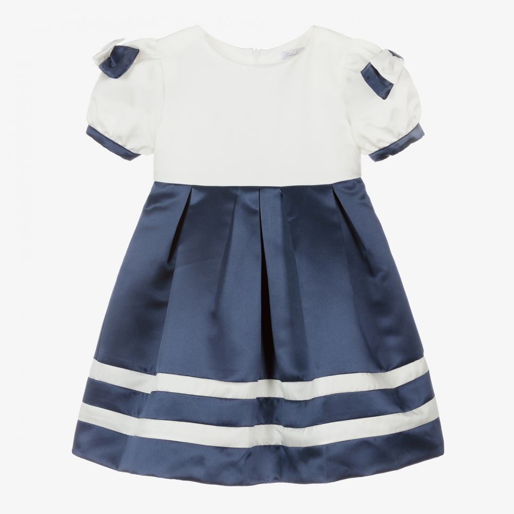 Patachou - Girls White & Blue Satin Dress | Childrensalon