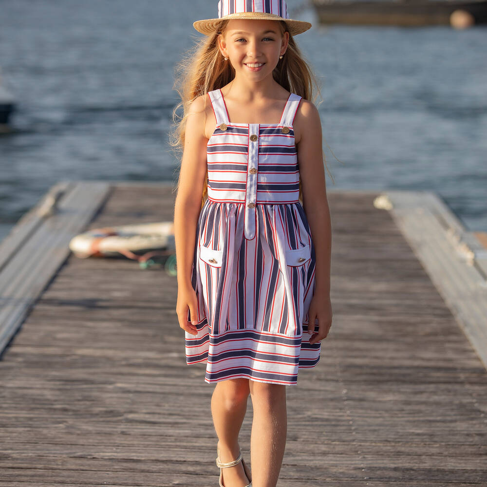Patachou-Girls White & Blue Striped Cotton Dress | Childrensalon Outlet