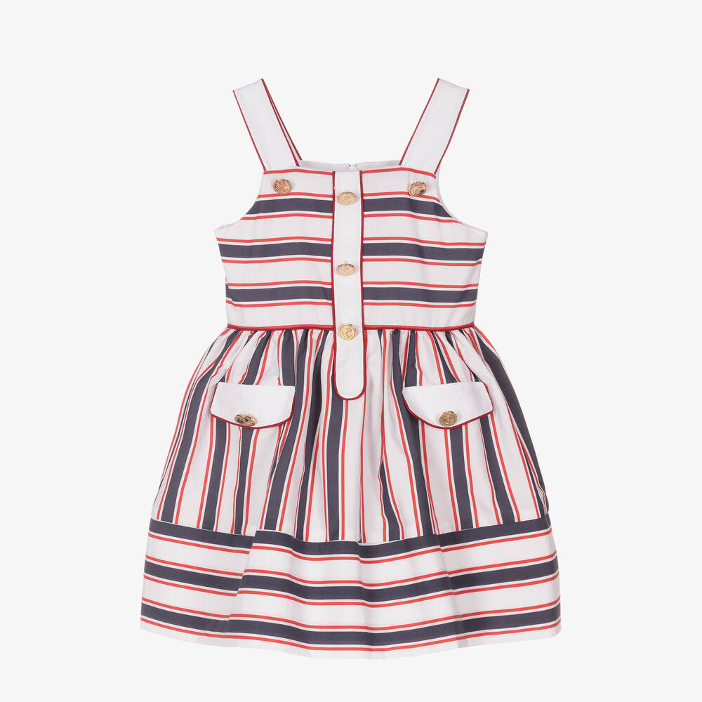 Patachou - Girls White & Blue Striped Cotton Dress | Childrensalon