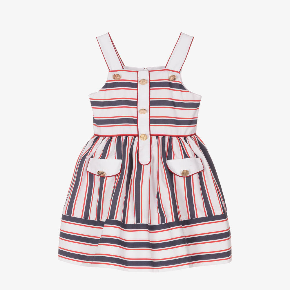 Patachou-Girls White & Blue Striped Cotton Dress | Childrensalon Outlet