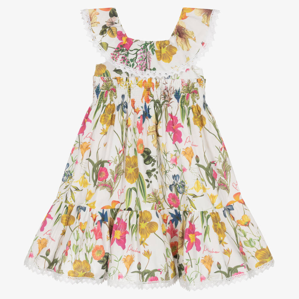 Patachou - Girls White Botanical Cotton Dress | Childrensalon