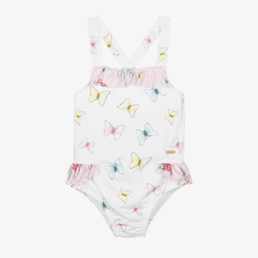 Patachou - Girls White Butterfly Print Swimsuit | Childrensalon