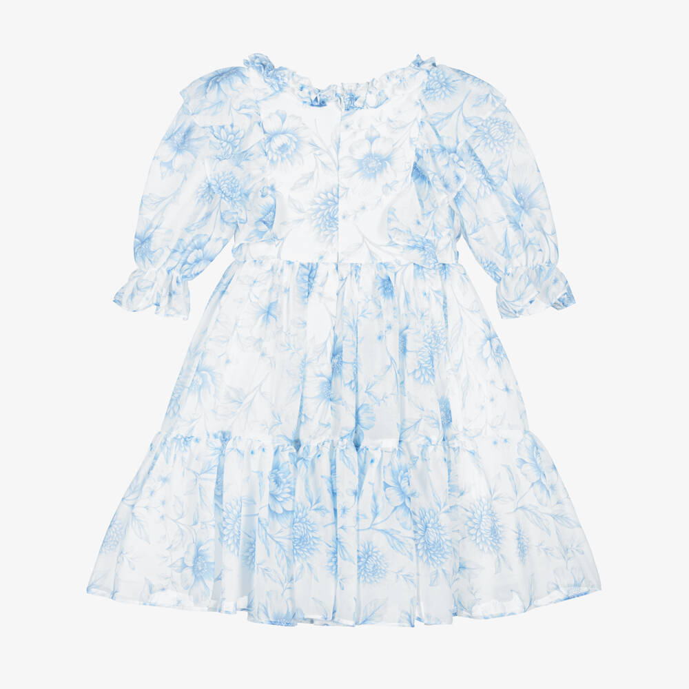 Patachou-Girls White Chiffon Dress with Blue Floral Print | Childrensalon Outlet
