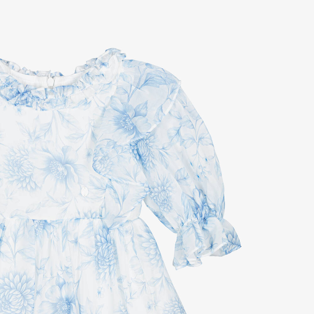 Patachou-Girls White Chiffon Dress with Blue Floral Print | Childrensalon Outlet