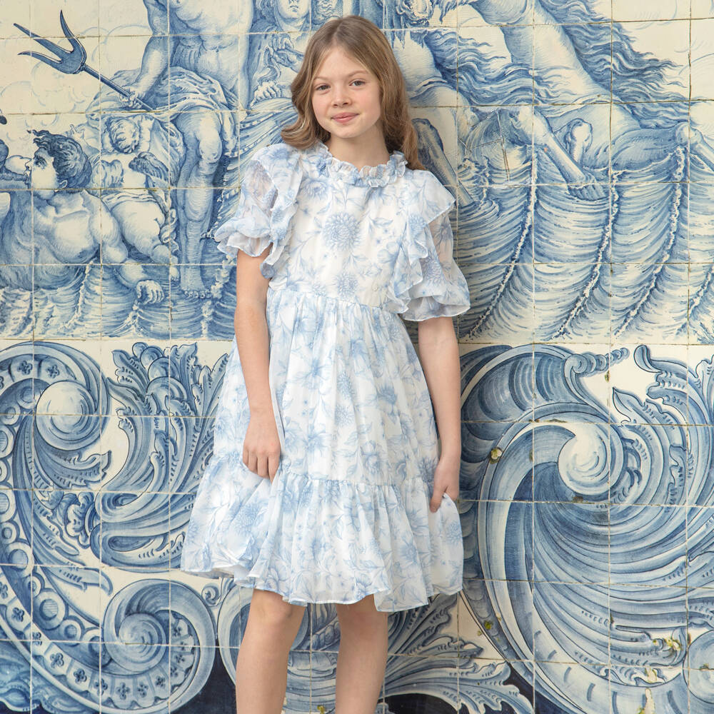 Patachou-Girls White Chiffon Dress with Blue Floral Print | Childrensalon Outlet