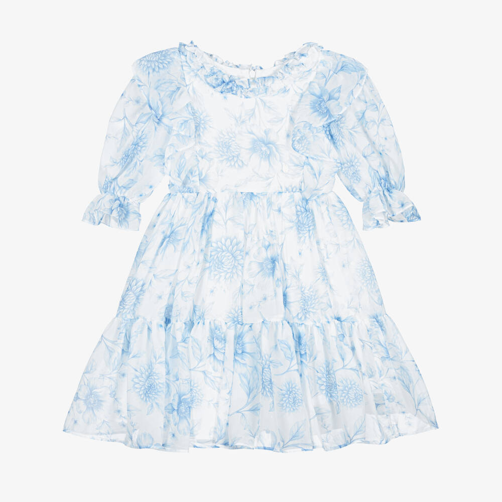 Patachou-Girls White Chiffon Dress with Blue Floral Print | Childrensalon Outlet