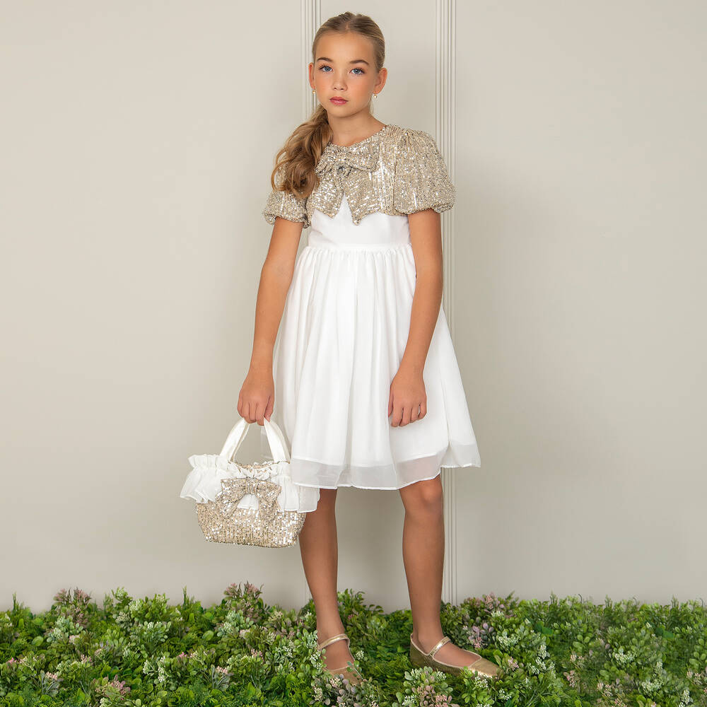 Patachou Girls White Chiffon Silver Sequin Dress Childrensalon Outlet