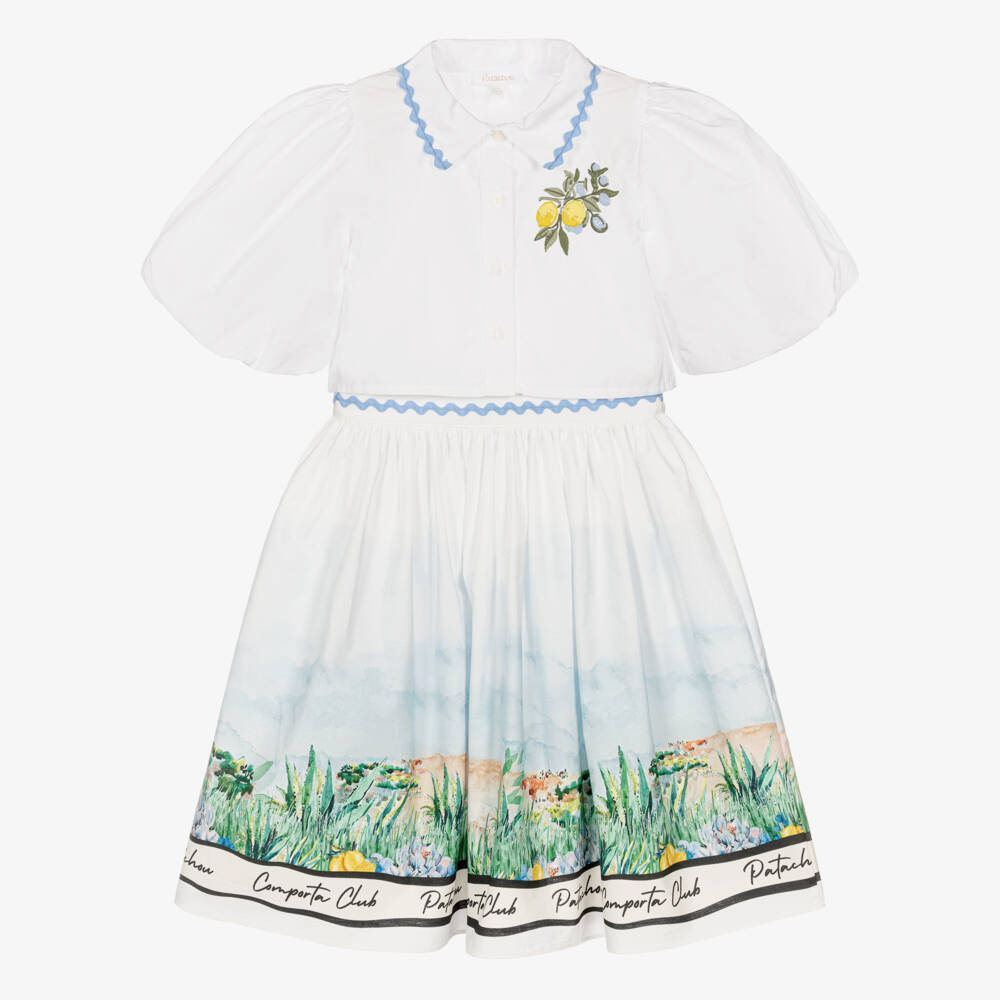Patachou-Girls White Cotton Comporta Club Print Skirt Set | Childrensalon Outlet