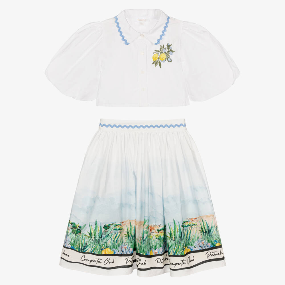 Patachou-Girls White Cotton Comporta Club Print Skirt Set | Childrensalon Outlet
