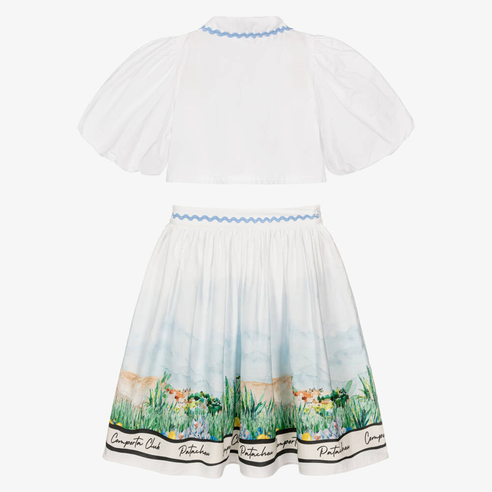 Patachou-Girls White Cotton Comporta Club Print Skirt Set | Childrensalon Outlet