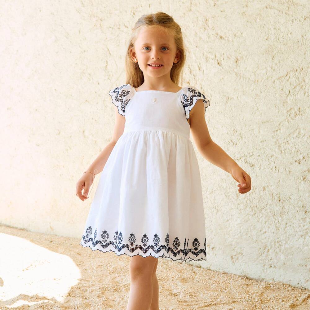 Patachou-Girls White Cotton Dress with Navy Blue Embroidery | Childrensalon Outlet