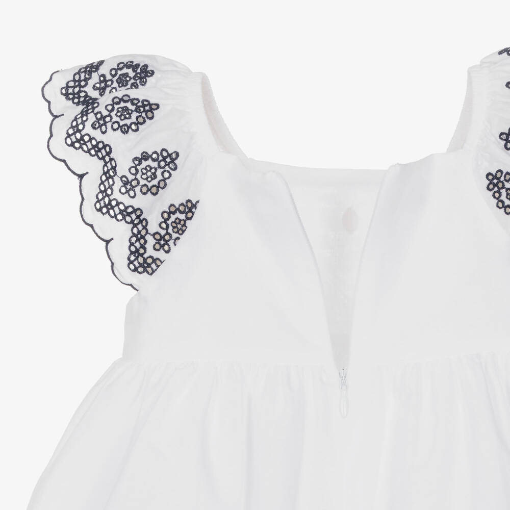 Patachou-Girls White Cotton Dress with Navy Blue Embroidery | Childrensalon Outlet