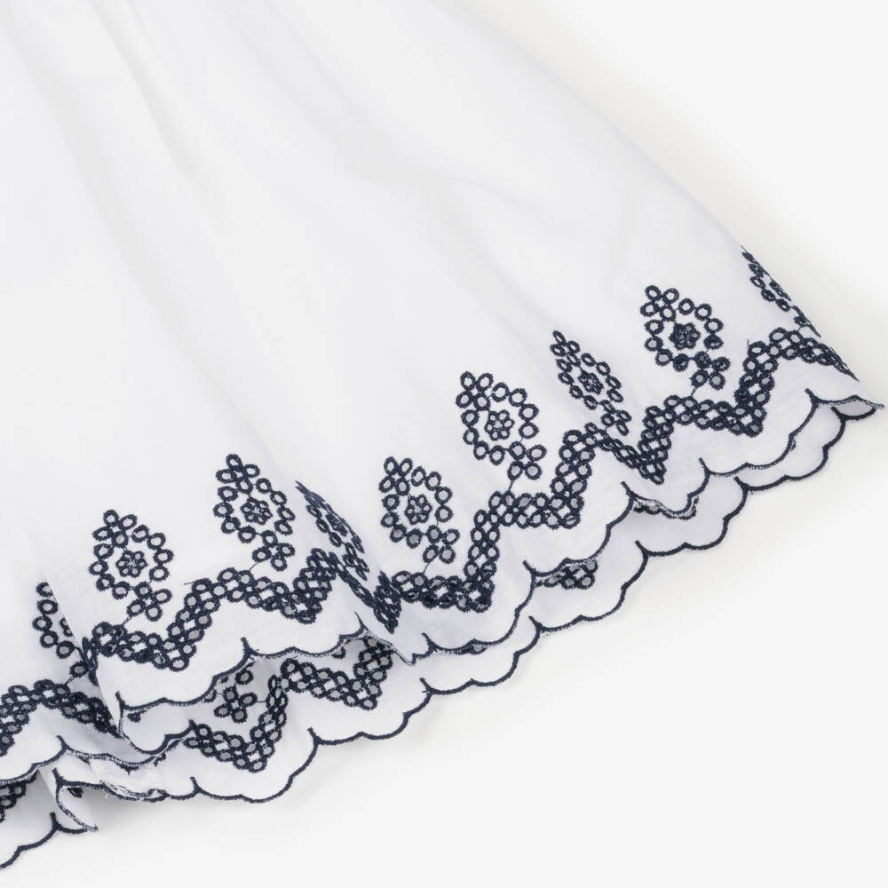Patachou-Girls White Cotton Dress with Navy Blue Embroidery | Childrensalon Outlet