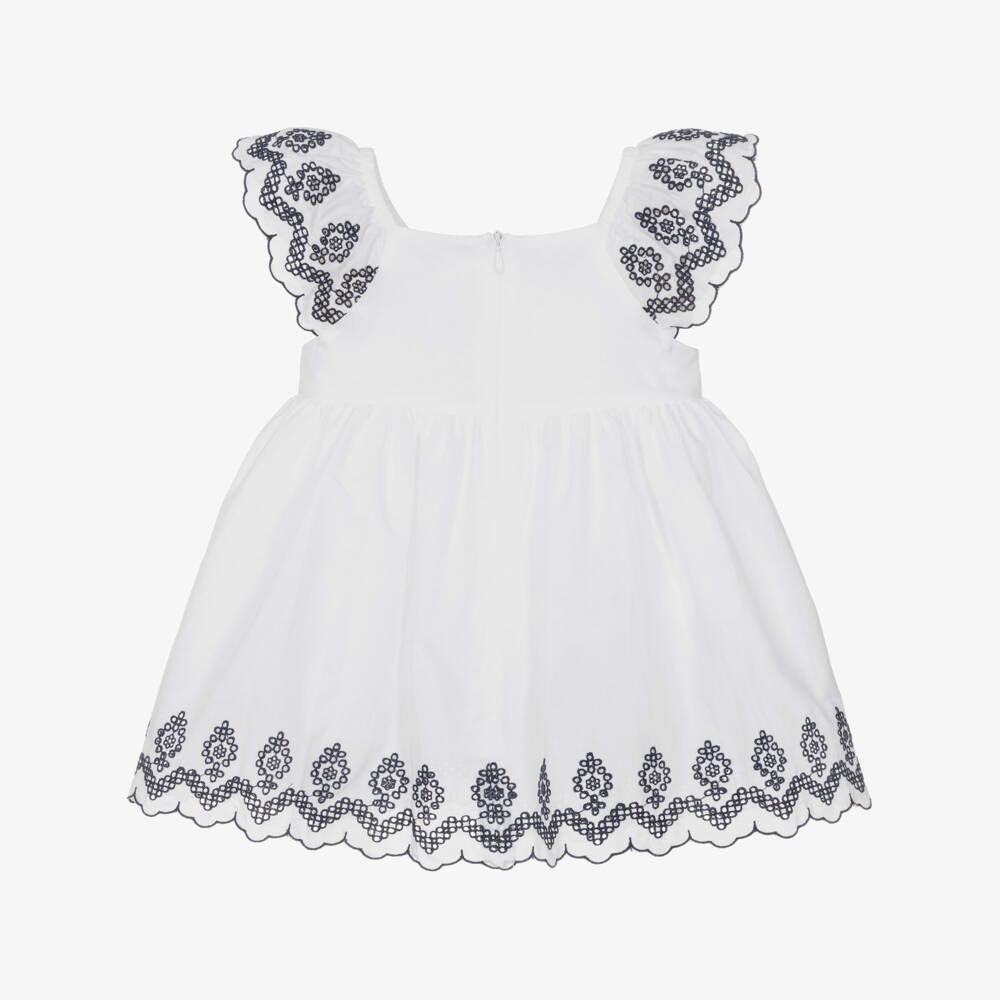 Patachou-Girls White Cotton Dress with Navy Blue Embroidery | Childrensalon Outlet