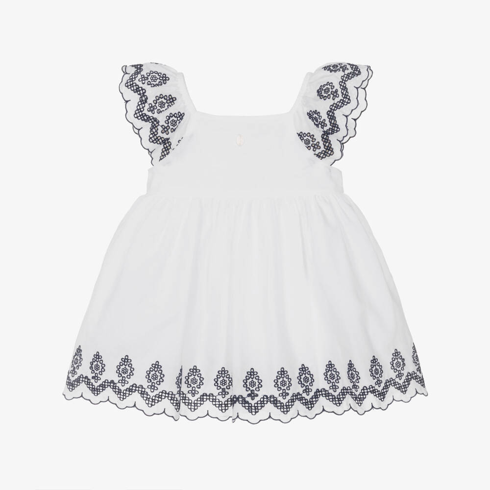 Patachou-Girls White Cotton Dress with Navy Blue Embroidery | Childrensalon Outlet