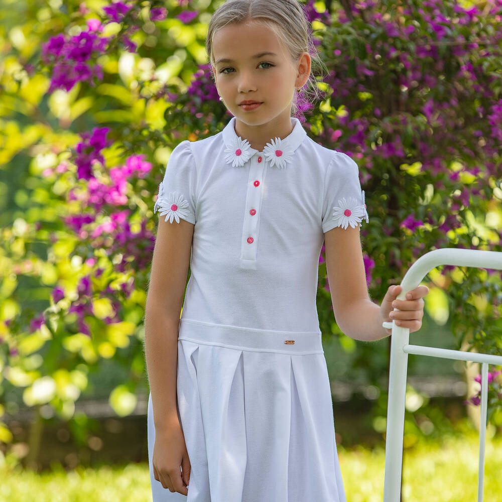 Patachou-Girls White Cotton Flowers Polo Dress | Childrensalon Outlet