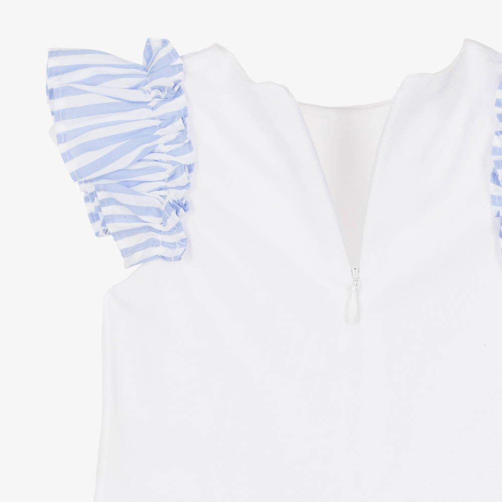Patachou-Girls White Cotton Piqué Dress with Blue Striped Ruffle Trim | Childrensalon Outlet