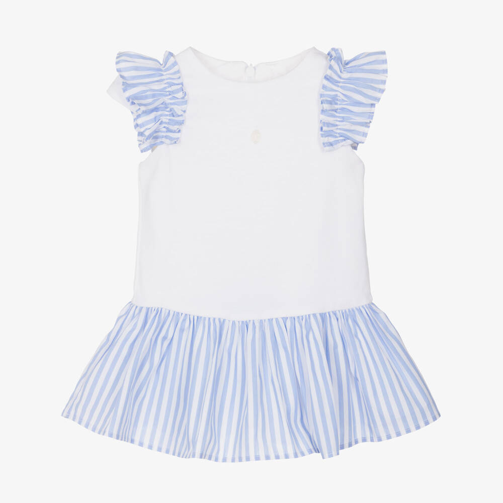 Patachou-Girls White Cotton Piqué Dress with Blue Striped Ruffle Trim | Childrensalon Outlet