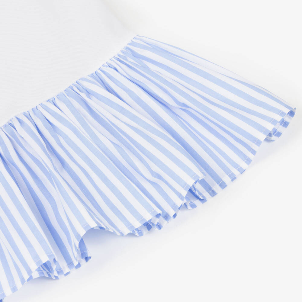 Patachou-Girls White Cotton Piqué Dress with Blue Striped Ruffle Trim | Childrensalon Outlet