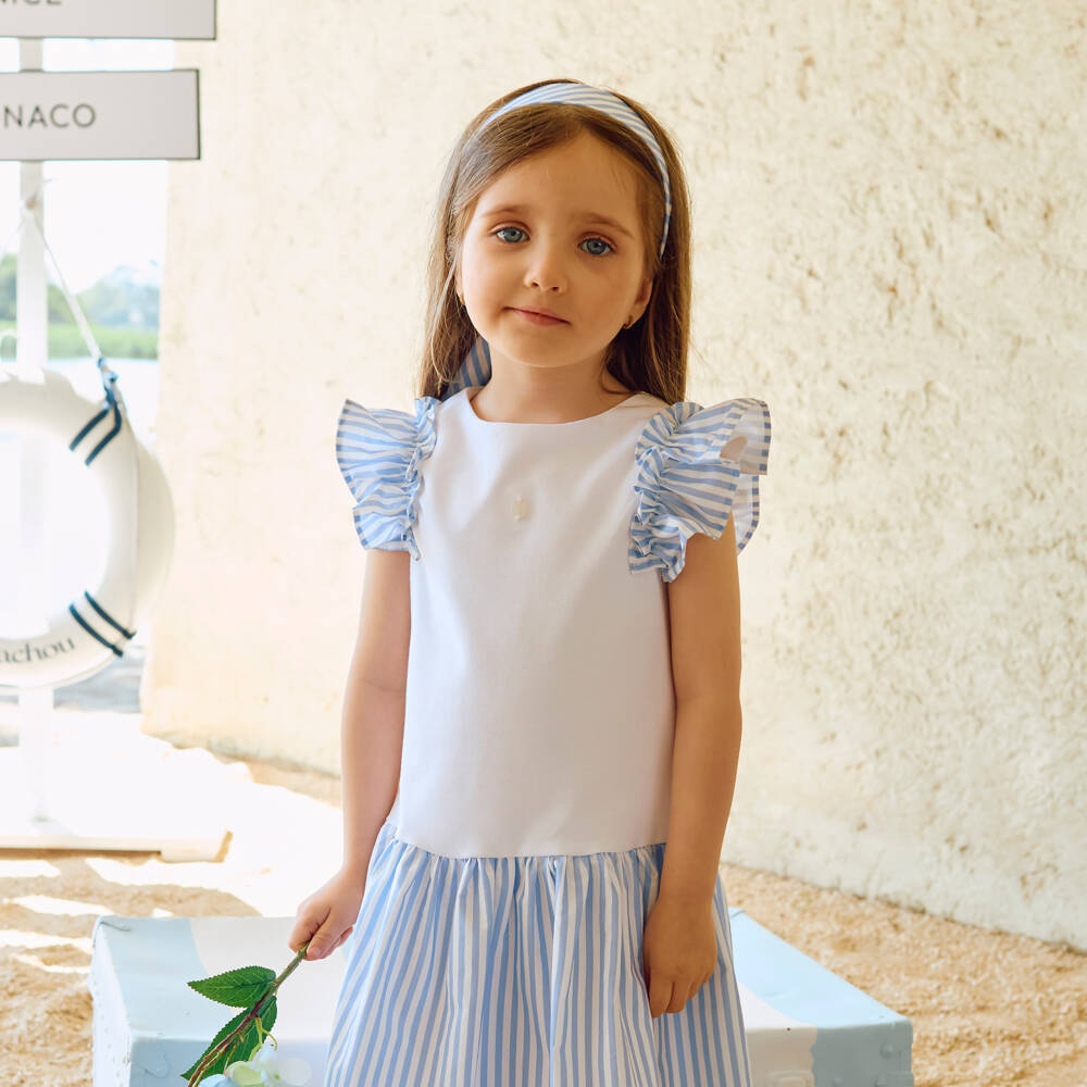 Patachou-Girls White Cotton Piqué Dress with Blue Striped Ruffle Trim | Childrensalon Outlet