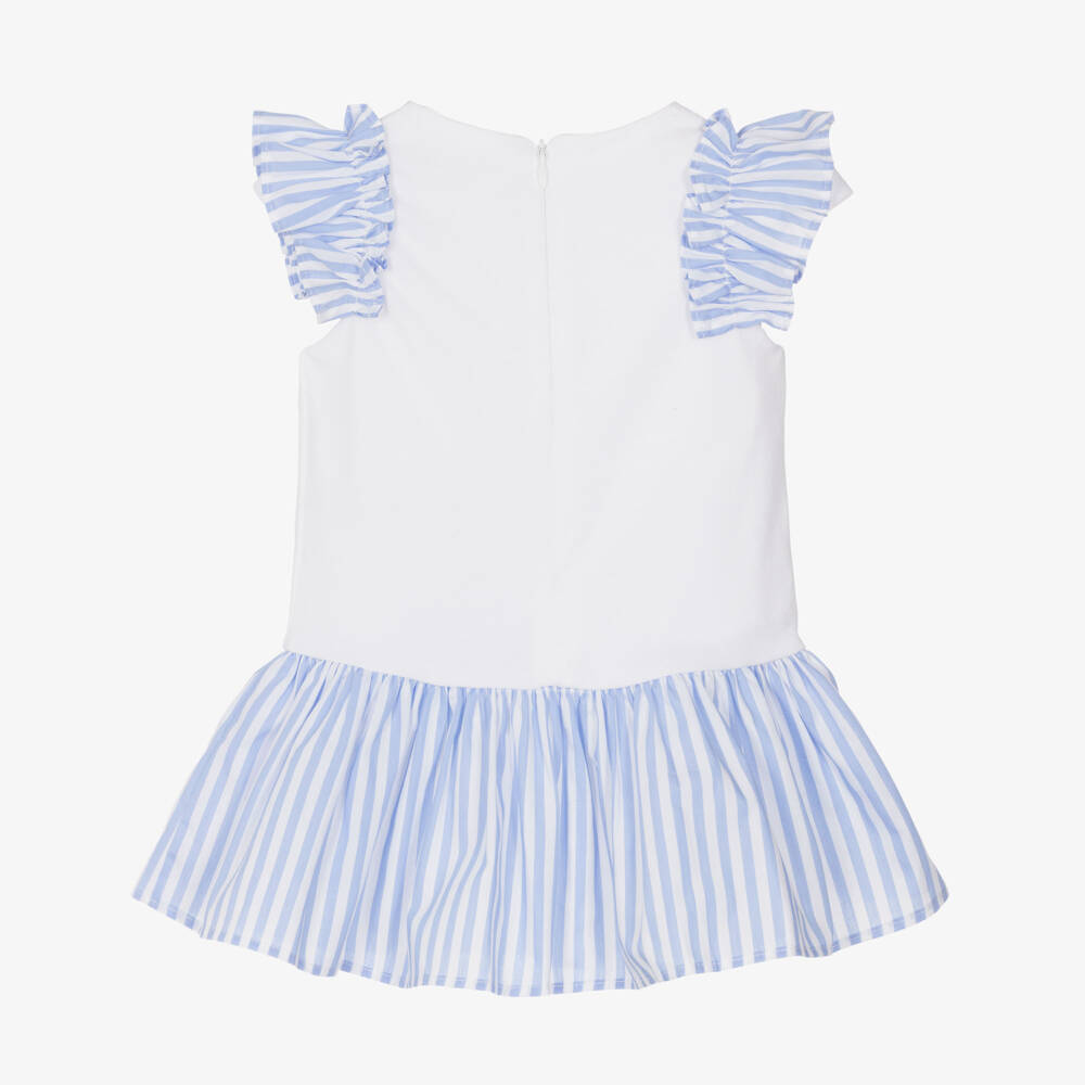 Patachou-Girls White Cotton Piqué Dress with Blue Striped Ruffle Trim | Childrensalon Outlet