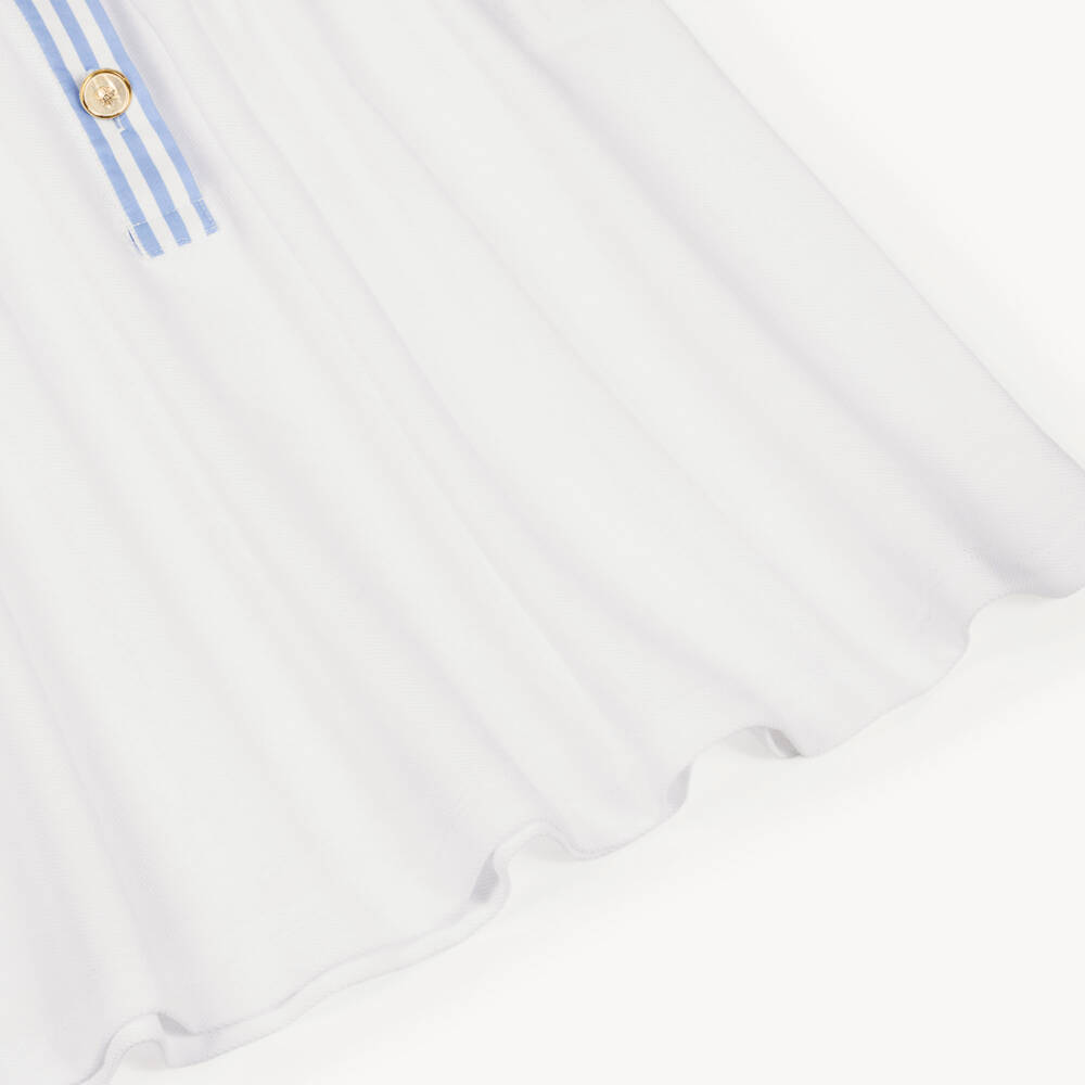 Patachou-Girls White Cotton Piqué Dress with Blue Striped Trim | Childrensalon Outlet