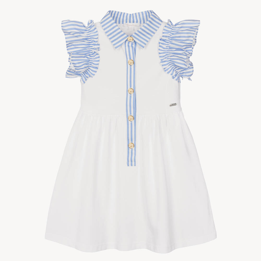 Patachou-Girls White Cotton Piqué Dress with Blue Striped Trim | Childrensalon Outlet