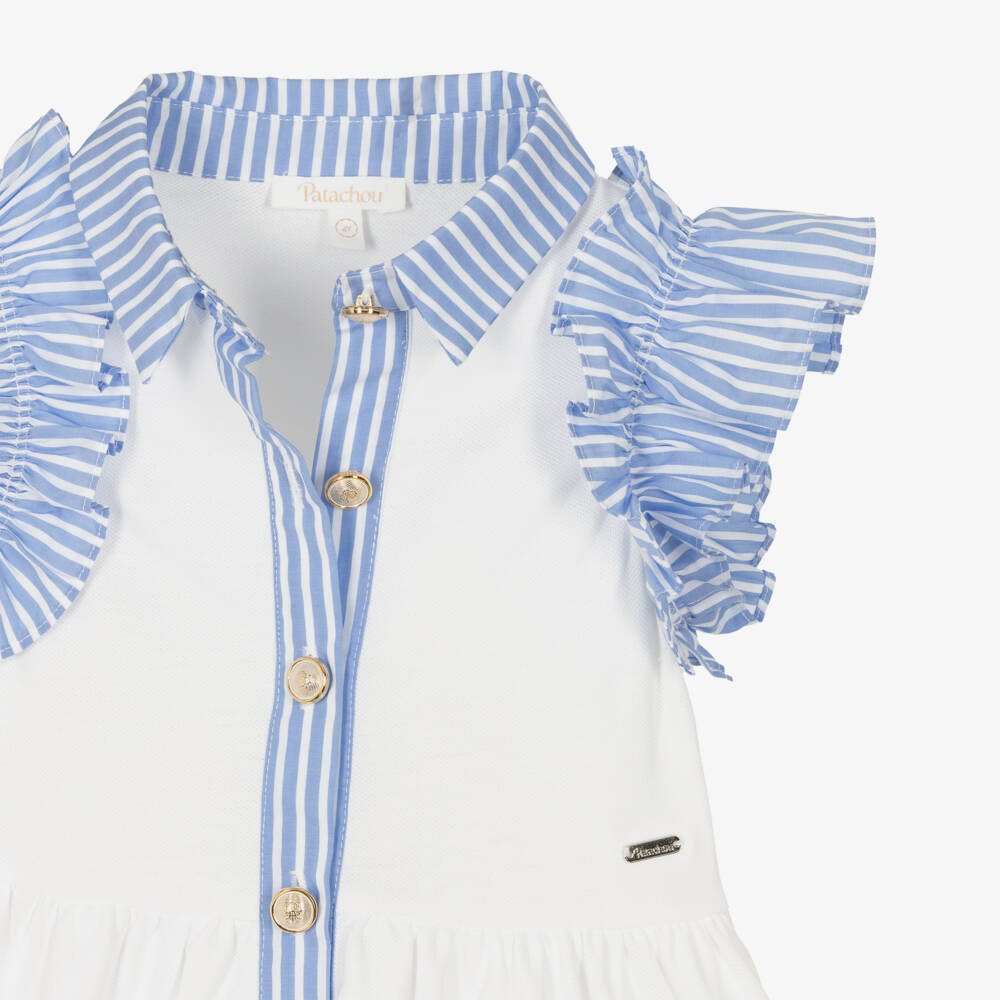 Patachou-Girls White Cotton Piqué Dress with Blue Striped Trim | Childrensalon Outlet