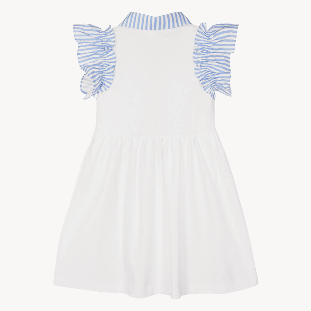 Patachou-Girls White Cotton Piqué Dress with Blue Striped Trim | Childrensalon Outlet