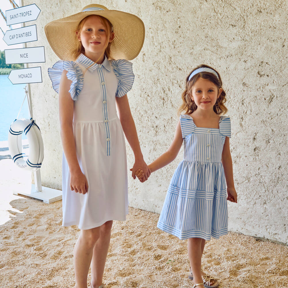 Patachou-Girls White Cotton Piqué Dress with Blue Striped Trim | Childrensalon Outlet
