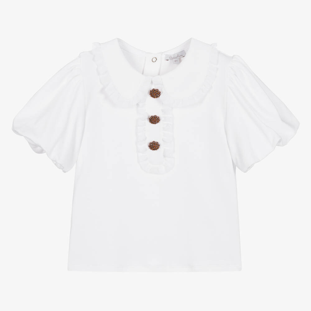 Patachou - Girls White Cotton Puff Sleeve Blouse | Childrensalon