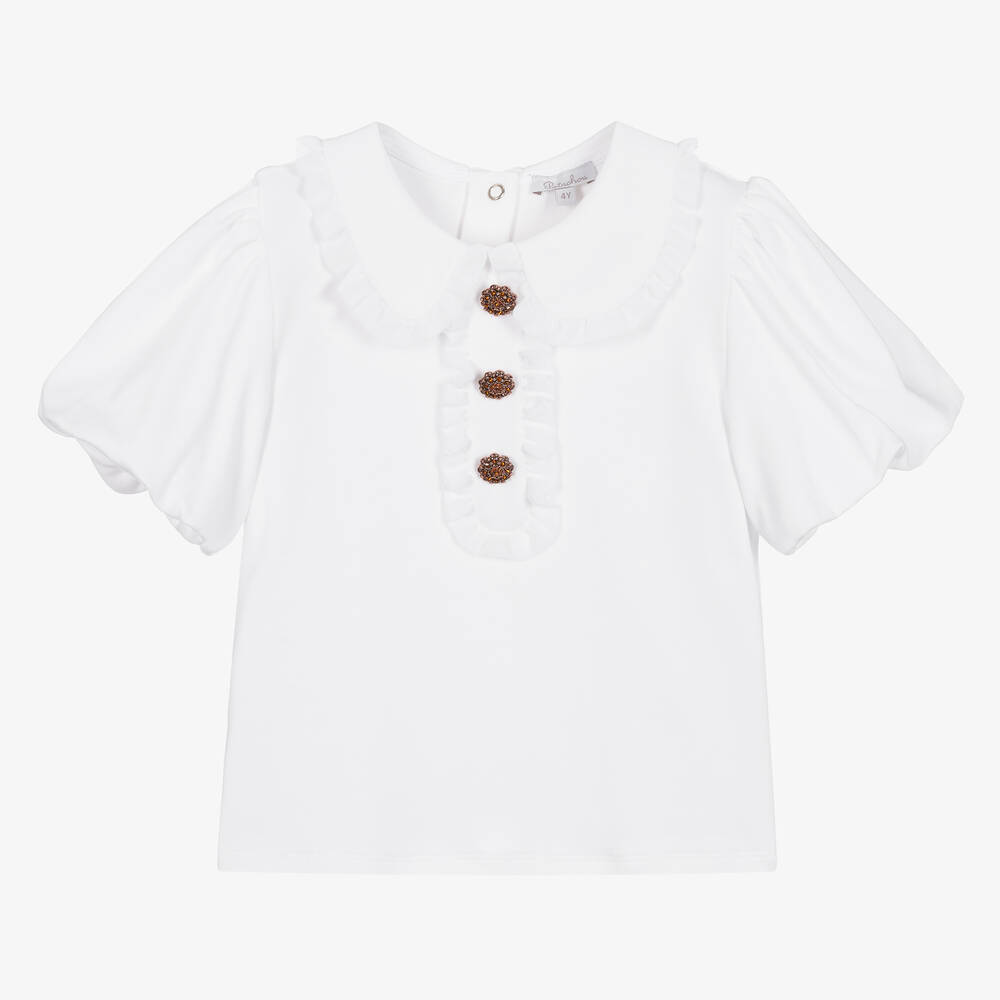 Patachou-Girls White Cotton Puff Sleeve Blouse | Childrensalon Outlet